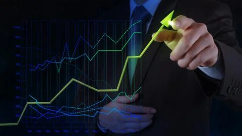 Businessman hand drawing virtual chart business on touch screen computer Illustrazione stock