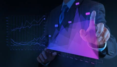 Businessman hand drawing virtual chart business on touch screen Stock Photos