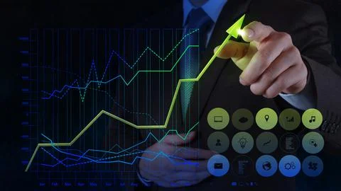 Businessman hand drawing virtual chart business on touch screen computer 스톡 사진