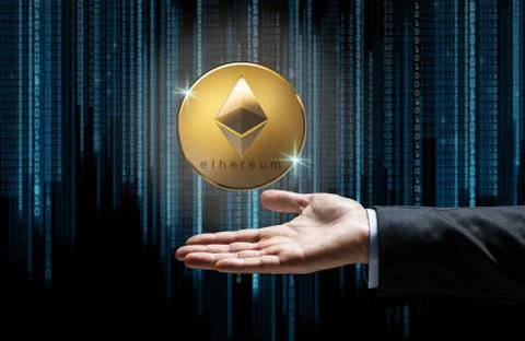 Businessman hand with etherum over binary code Stock Photos