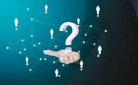 Businessman hand hold interface question marks sign web with line people, Que Stock Photos