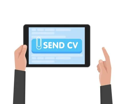 Businessman hand hold tablet computer with resume template. Send cv buttons Stockillustratie