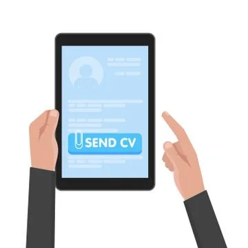 Businessman hand hold tablet computer with resume template. Send cv buttons Stock Illustration