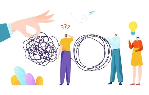 Businessman hand hold tangle problem, tiny character employee business problem Illustrazione stock
