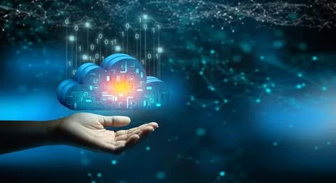 Businessman hand holding Cloud computing technology internet storage network. Stock Illustration