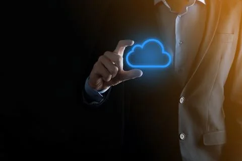 Businessman hand holding cloud computing concept in palm. Backup Storage Data Stock Photos