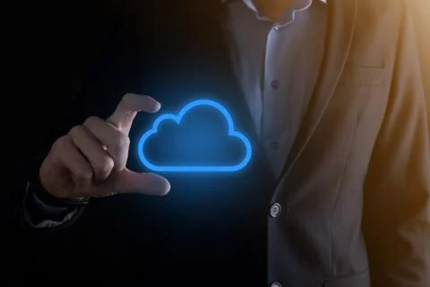 Businessman hand holding cloud computing concept in palm. Backup Storage Data Stock Photos