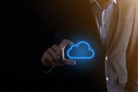 Businessman hand holding cloud computing concept in palm. Backup Storage Data Stock Photos