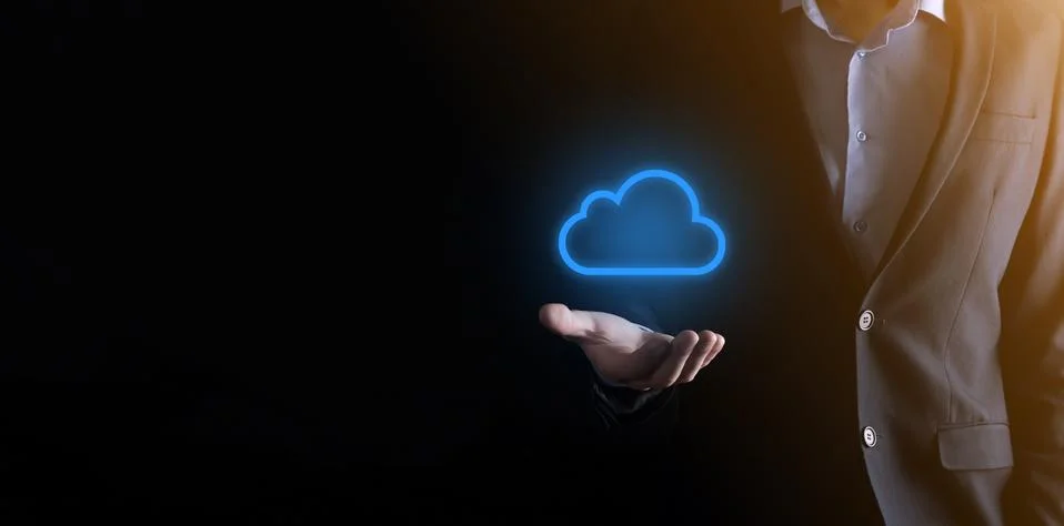 Businessman hand holding cloud computing concept in palm. Backup Storage Data Stock-Fotos