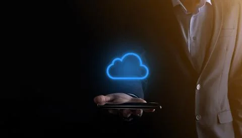 Businessman hand holding cloud computing concept in palm. Backup Storage Data 스톡 사진