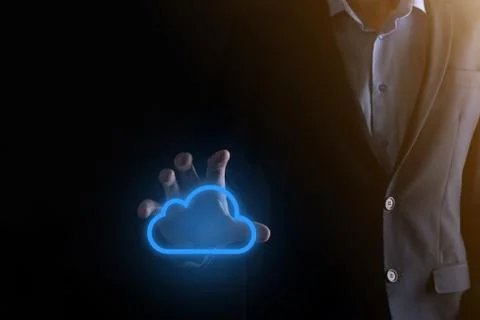 Businessman hand holding cloud computing concept in palm. Backup Storage Data 스톡 사진