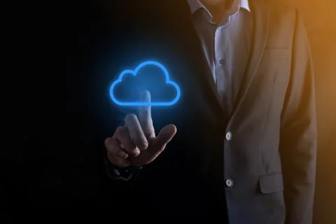 Businessman hand holding cloud computing concept in palm. Backup Storage Data Foto stock