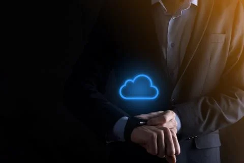 Businessman hand holding cloud computing concept in palm. Backup Storage Data 写真素材