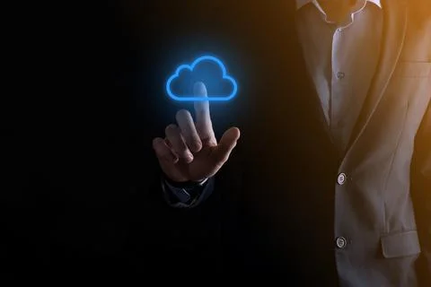 Businessman hand holding cloud computing concept in palm. Backup Storage Data 스톡 사진