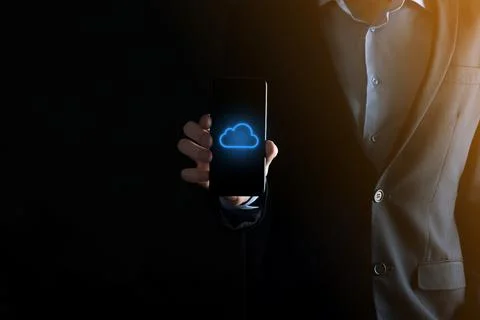 Businessman hand holding cloud computing concept in palm. Backup Storage Data Stock Photos