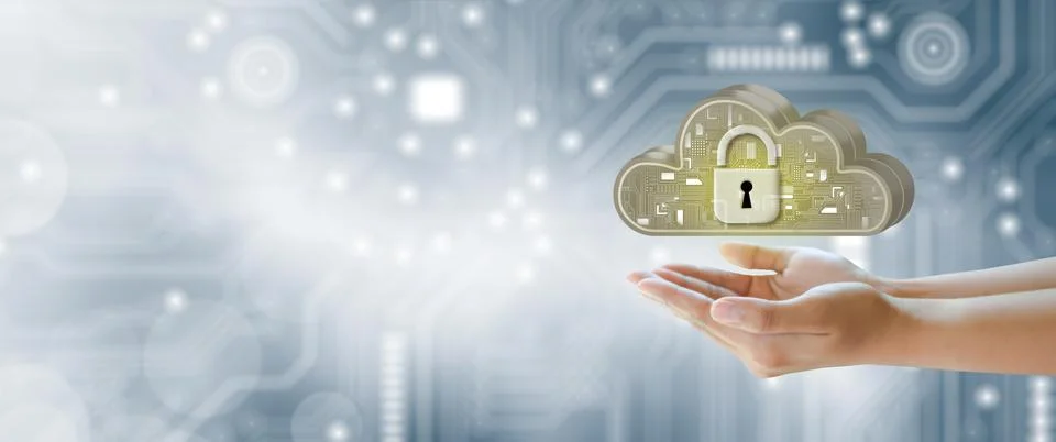 Businessman hand holding Cloud computing technology internet storage network. Stock Photos
