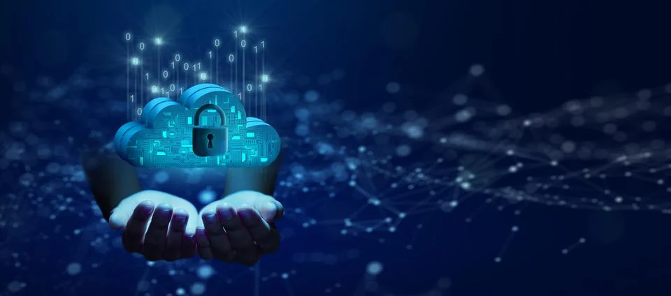 Businessman hand holding Cloud computing technology internet storage network. Stock Photos