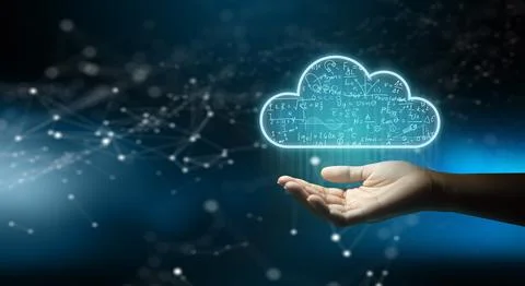 Businessman hand holding Cloud computing technology internet storage network. Stock Photos