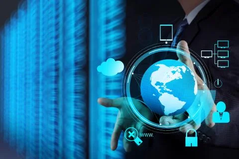 Businessman hand holding cloud network icon on touch screen computer as inter Stock Illustration