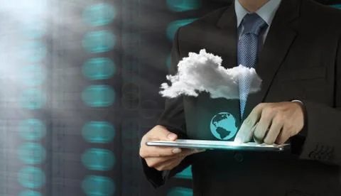 Businessman hand holding cloud network icon on touch screen computer as inter Stock Illustration