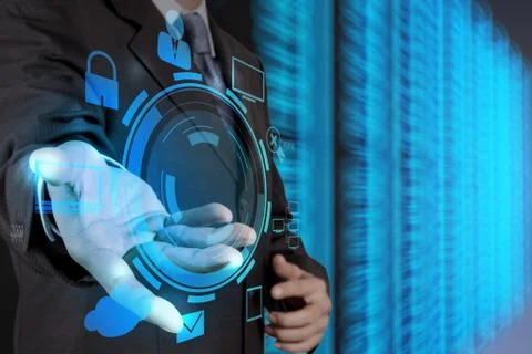 Businessman hand holding cloud network icon on touch screen computer as inter Stock Illustration