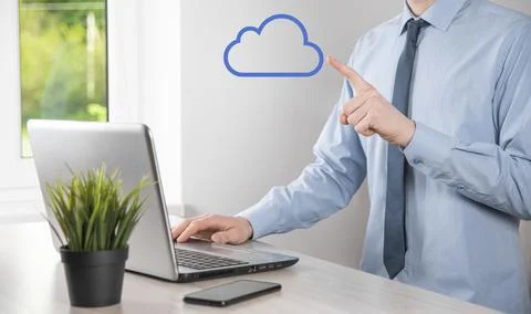 Businessman hand holding cloud.Cloud computing concept, close up of young bus 스톡 사진