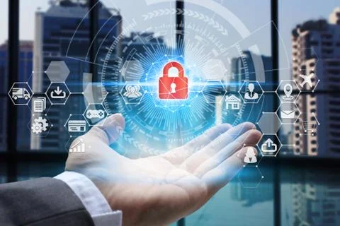 Businessman hand holding network using padlock icon technology 스톡 사진