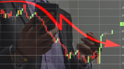 Businessman hand making a decrease chart. Concept of economic downturn. Global 스톡 사진