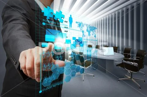Businessman hand point on virtual business network in board room Stock Illustration