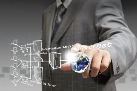 Businessman hand points the internet system chart Stock Illustration