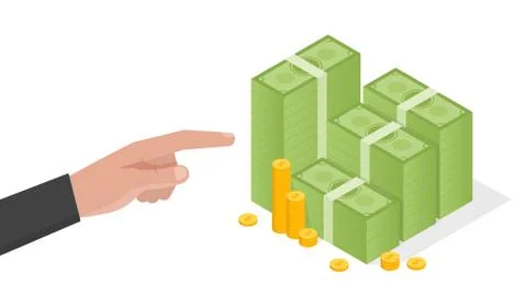 Businessman hand points a stack of green dollars money vector illustration Illustrazione stock