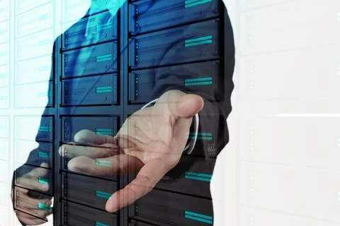 Businessman hand pressing a touchscreen button on server background Stock-Illustration