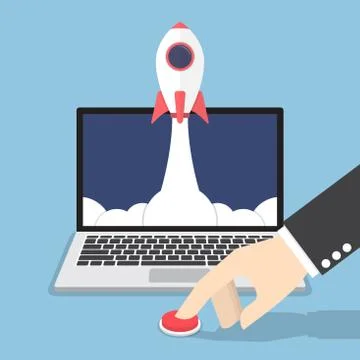 Businessman hand pushing the button to launch rocket from laptop monitor Stock Illustration