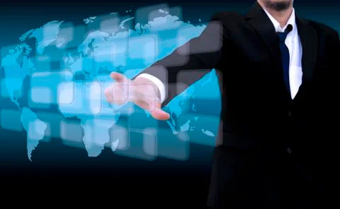 Businessman hand pushing button on a touch screen interface Illustrazione stock