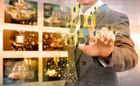 Businessman hand pushing button on a touch screen interface イラスト素材