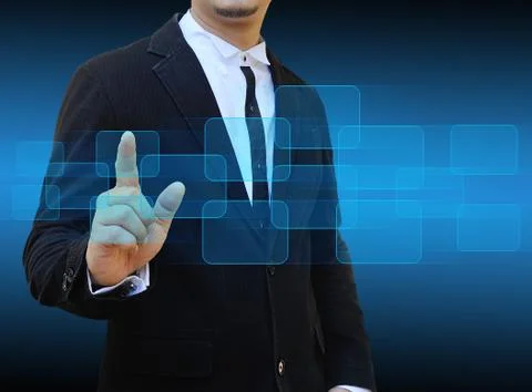 Businessman hand pushing button on a touch screen interface Illustrazione stock