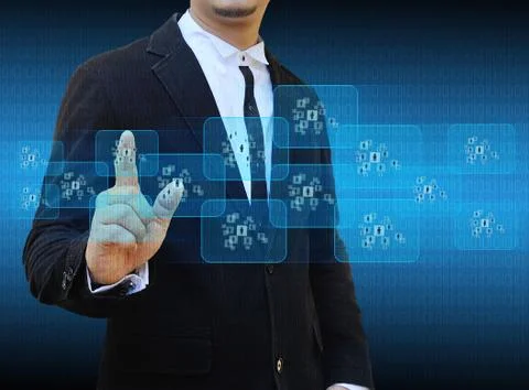 Businessman hand pushing button on a touch screen interface Illustrazione stock