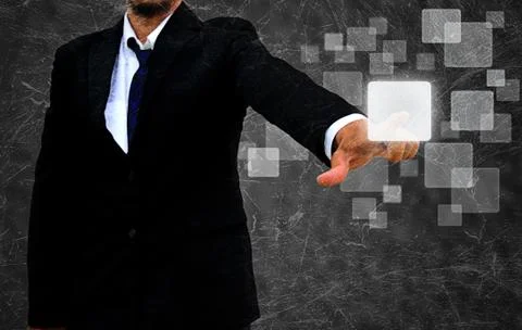 Businessman hand pushing button on a touch screen interface in the old textur Stock Illustration
