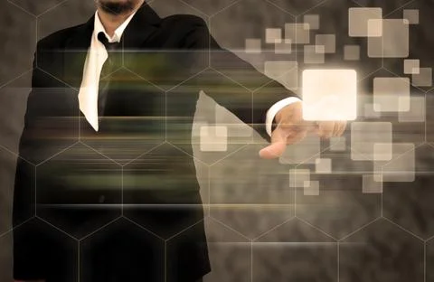 Businessman hand pushing button on a touch screen interface Stock Photos