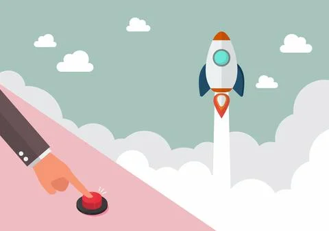 Businessman hand pushing red button to launch a rocket Illustrazione stock