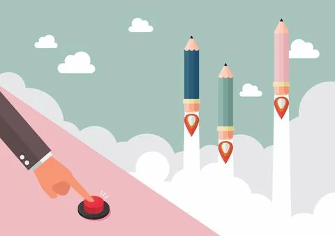 Businessman hand pushing red button to launch pencil rockets Illustrazione stock