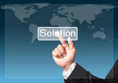 Businessman hand pushing solution button on a touch screen interface Stock Photos