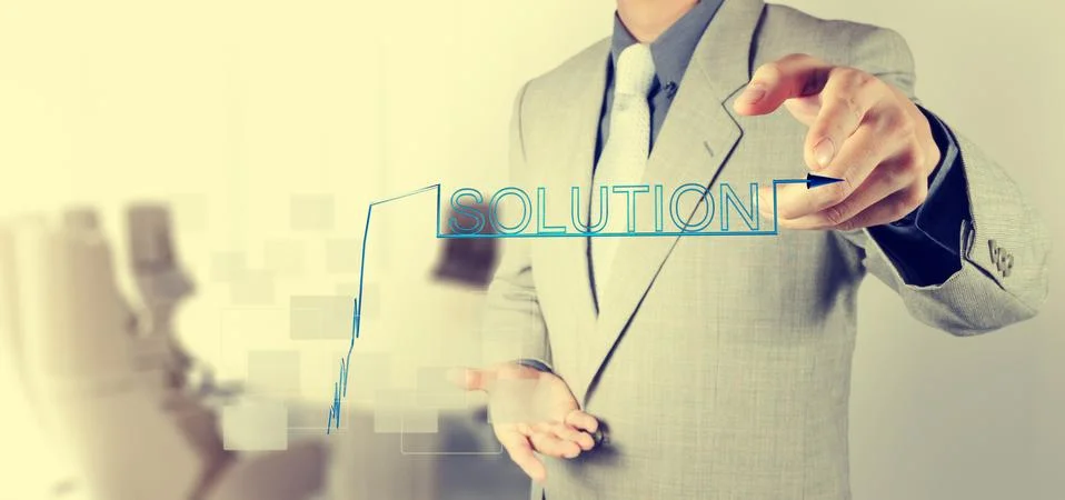 Businessman hand pushing solution graph on a touch screen interface Stock Illustration