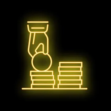 Businessman hand putting coin on a stack of coins neon sign style icon Stock Illustration