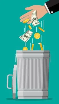 Businessman hand putting dollar bills in trash Stock Illustration