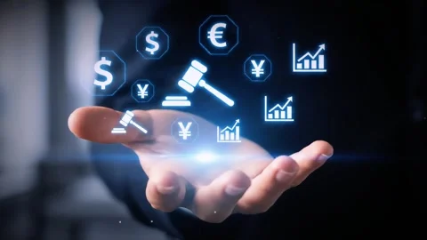 Businessman Hand Revealing Digital Auction and Finance Icons - Futuristic Techno Stock Footage 313662453