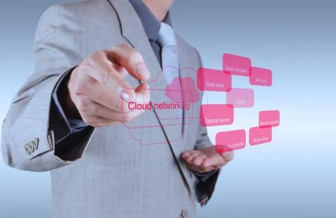 Businessman hand touch a cloud computing diagram on the new computer Illustration