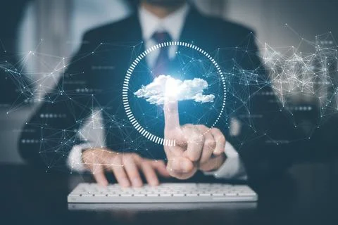 Businessman hand touch cloud computing diagram show on hand. Cloud technology 写真素材