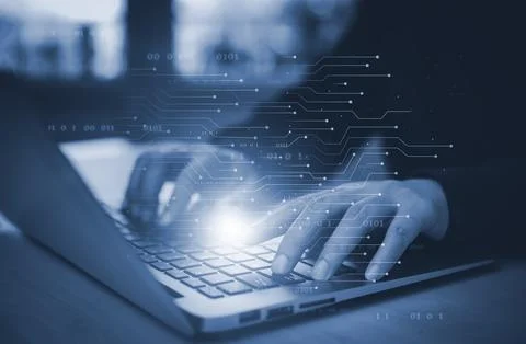 Businessman hand touch with Code html and programming on screen laptop,Progra Stockfoto's