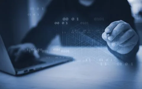 Businessman hand touch with Code html and programming on screen laptop,Progra Foto stock